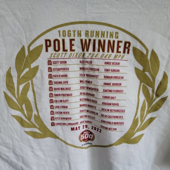 NWT Indycar 2022 Indy 500 White Short Sleeve With The Starting Grid On Back - Picture 9 of 9